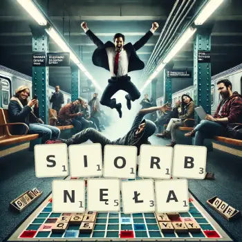 Kreatywna ilustracja do gry w Scrabble ze słowem SIORBNĘŁA ułożonym z płytek na planszy.