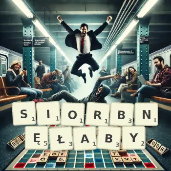 Kreatywna ilustracja do gry w Scrabble ze słowem SIORBNĘŁABY ułożonym z płytek na planszy.
