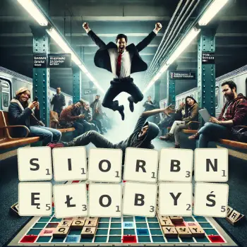 Kreatywna ilustracja do gry w Scrabble ze słowem SIORBNĘŁOBYŚ ułożonym z płytek na planszy.