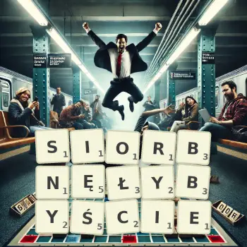 Kreatywna ilustracja do gry w Scrabble ze słowem SIORBNĘŁYBYŚCIE ułożonym z płytek na planszy.