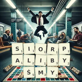 Kreatywna ilustracja do gry w Scrabble ze słowem SIORPALIBYŚMY ułożonym z płytek na planszy.
