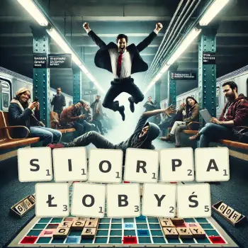 Kreatywna ilustracja do gry w Scrabble ze słowem SIORPAŁOBYŚ ułożonym z płytek na planszy.