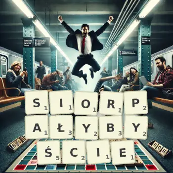 Kreatywna ilustracja do gry w Scrabble ze słowem SIORPAŁYBYŚCIE ułożonym z płytek na planszy.