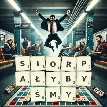 Kreatywna ilustracja do gry w Scrabble ze słowem SIORPAŁYBYŚMY ułożonym z płytek na planszy.