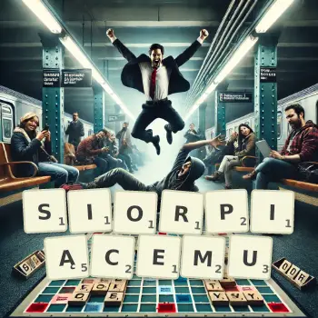 Kreatywna ilustracja do gry w Scrabble ze słowem SIORPIĄCEMU ułożonym z płytek na planszy.
