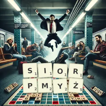 Kreatywna ilustracja do gry w Scrabble ze słowem SIORPMYŻ ułożonym z płytek na planszy.