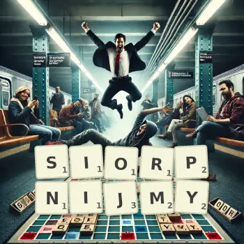 Kreatywna ilustracja do gry w Scrabble ze słowem SIORPNIJMY ułożonym z płytek na planszy.