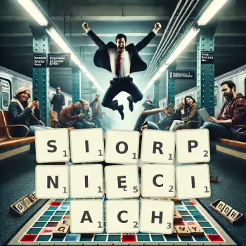 Kreatywna ilustracja do gry w Scrabble ze słowem SIORPNIĘCIACH ułożonym z płytek na planszy.