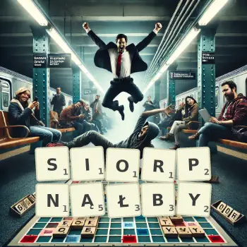 Kreatywna ilustracja do gry w Scrabble ze słowem SIORPNĄŁBY ułożonym z płytek na planszy.