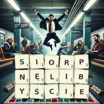 Kreatywna ilustracja do gry w Scrabble ze słowem SIORPNĘLIBYŚCIE ułożonym z płytek na planszy.