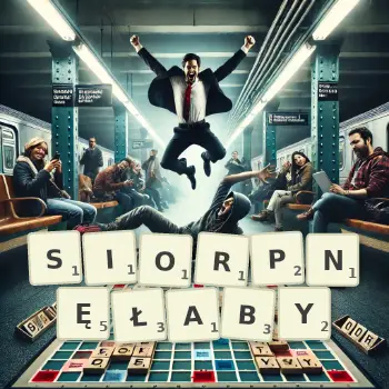 Kreatywna ilustracja do gry w Scrabble ze słowem SIORPNĘŁABY ułożonym z płytek na planszy.