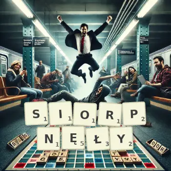 Kreatywna ilustracja do gry w Scrabble ze słowem SIORPNĘŁY ułożonym z płytek na planszy.