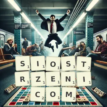 Kreatywna ilustracja do gry w Scrabble ze słowem SIOSTRZENICOM ułożonym z płytek na planszy.