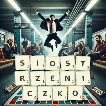 Kreatywna ilustracja do gry w Scrabble ze słowem SIOSTRZENICZKO ułożonym z płytek na planszy.