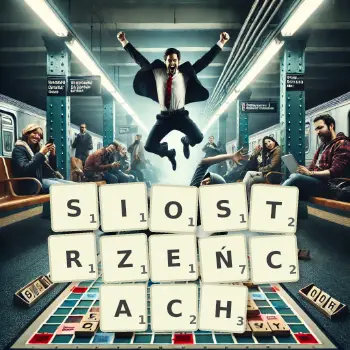 Kreatywna ilustracja do gry w Scrabble ze słowem SIOSTRZEŃCACH ułożonym z płytek na planszy.
