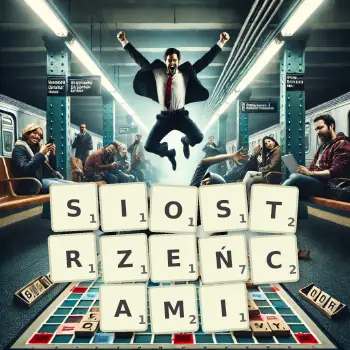 Kreatywna ilustracja do gry w Scrabble ze słowem SIOSTRZEŃCAMI ułożonym z płytek na planszy.