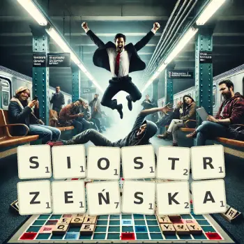 Kreatywna ilustracja do gry w Scrabble ze słowem SIOSTRZEŃSKA ułożonym z płytek na planszy.