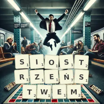 Kreatywna ilustracja do gry w Scrabble ze słowem SIOSTRZEŃSTWEM ułożonym z płytek na planszy.