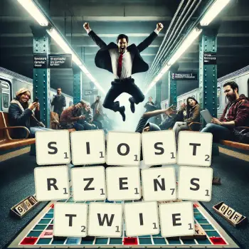 Kreatywna ilustracja do gry w Scrabble ze słowem SIOSTRZEŃSTWIE ułożonym z płytek na planszy.