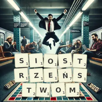 Kreatywna ilustracja do gry w Scrabble ze słowem SIOSTRZEŃSTWOM ułożonym z płytek na planszy.