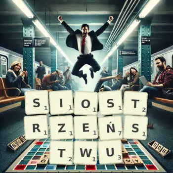 Kreatywna ilustracja do gry w Scrabble ze słowem SIOSTRZEŃSTWU ułożonym z płytek na planszy.