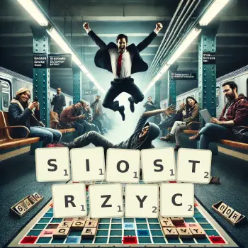 Kreatywna ilustracja do gry w Scrabble ze słowem SIOSTRZYC ułożonym z płytek na planszy.