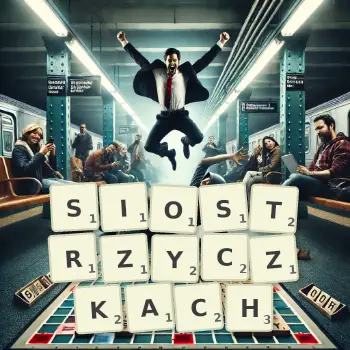 Kreatywna ilustracja do gry w Scrabble ze słowem SIOSTRZYCZKACH ułożonym z płytek na planszy.