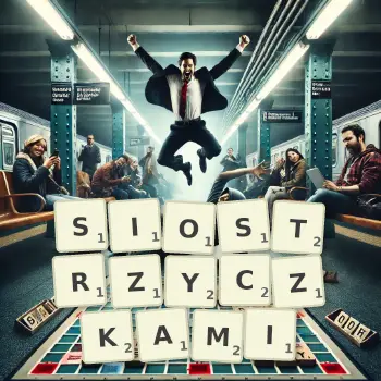 Kreatywna ilustracja do gry w Scrabble ze słowem SIOSTRZYCZKAMI ułożonym z płytek na planszy.