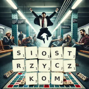 Kreatywna ilustracja do gry w Scrabble ze słowem SIOSTRZYCZKOM ułożonym z płytek na planszy.