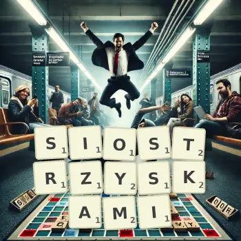 Kreatywna ilustracja do gry w Scrabble ze słowem SIOSTRZYSKAMI ułożonym z płytek na planszy.