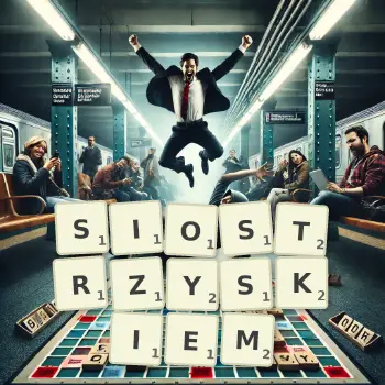 Kreatywna ilustracja do gry w Scrabble ze słowem SIOSTRZYSKIEM ułożonym z płytek na planszy.