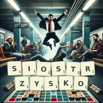 Kreatywna ilustracja do gry w Scrabble ze słowem SIOSTRZYSKO ułożonym z płytek na planszy.
