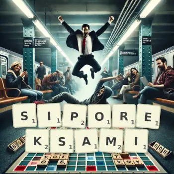 Kreatywna ilustracja do gry w Scrabble ze słowem SIPOREKSAMI ułożonym z płytek na planszy.