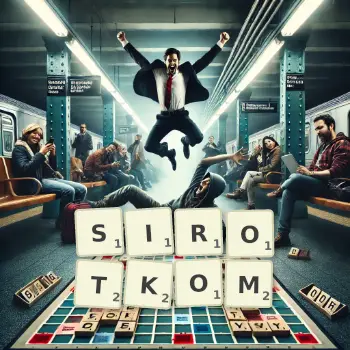 Kreatywna ilustracja do gry w Scrabble ze słowem SIROTKOM ułożonym z płytek na planszy.