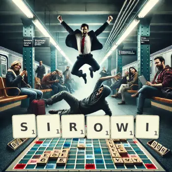 Kreatywna ilustracja do gry w Scrabble ze słowem SIROWI ułożonym z płytek na planszy.