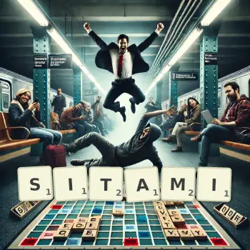 Kreatywna ilustracja do gry w Scrabble ze słowem SITAMI ułożonym z płytek na planszy.