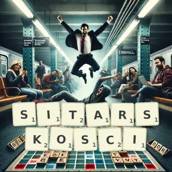 Kreatywna ilustracja do gry w Scrabble ze słowem SITARSKOSCI ułożonym z płytek na planszy.