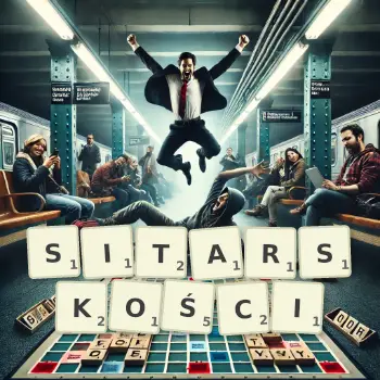 Kreatywna ilustracja do gry w Scrabble ze słowem SITARSKOŚCI ułożonym z płytek na planszy.