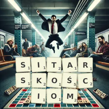 Kreatywna ilustracja do gry w Scrabble ze słowem SITARSKOŚCIOM ułożonym z płytek na planszy.