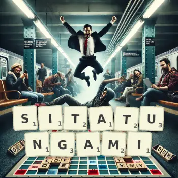 Kreatywna ilustracja do gry w Scrabble ze słowem SITATUNGAMI ułożonym z płytek na planszy.