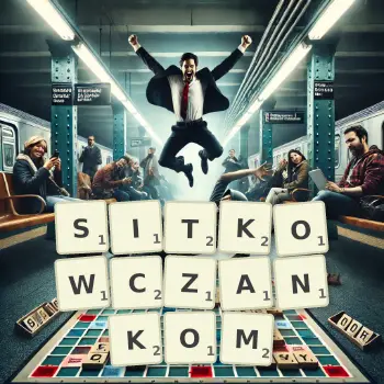 Kreatywna ilustracja do gry w Scrabble ze słowem SITKOWCZANKOM ułożonym z płytek na planszy.