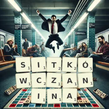Kreatywna ilustracja do gry w Scrabble ze słowem SITKÓWCZANINA ułożonym z płytek na planszy.