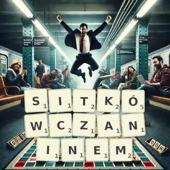 Kreatywna ilustracja do gry w Scrabble ze słowem SITKÓWCZANINEM ułożonym z płytek na planszy.