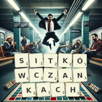 Kreatywna ilustracja do gry w Scrabble ze słowem SITKÓWCZANKACH ułożonym z płytek na planszy.