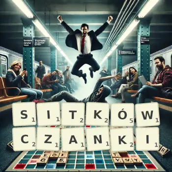 Kreatywna ilustracja do gry w Scrabble ze słowem SITKÓWCZANKI ułożonym z płytek na planszy.