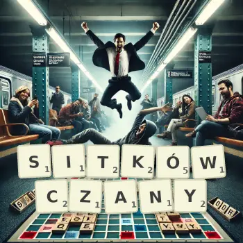 Kreatywna ilustracja do gry w Scrabble ze słowem SITKÓWCZANY ułożonym z płytek na planszy.