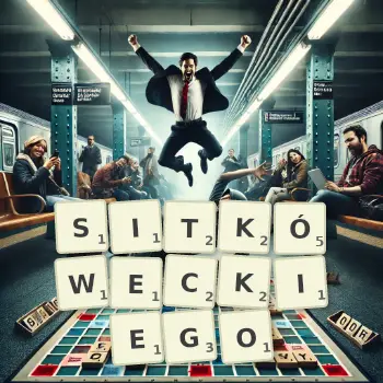 Kreatywna ilustracja do gry w Scrabble ze słowem SITKÓWECKIEGO ułożonym z płytek na planszy.