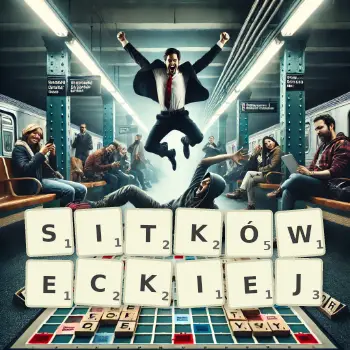 Kreatywna ilustracja do gry w Scrabble ze słowem SITKÓWECKIEJ ułożonym z płytek na planszy.
