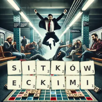 Kreatywna ilustracja do gry w Scrabble ze słowem SITKÓWECKIMI ułożonym z płytek na planszy.