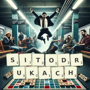 Kreatywna ilustracja do gry w Scrabble ze słowem SITODRUKACH ułożonym z płytek na planszy.